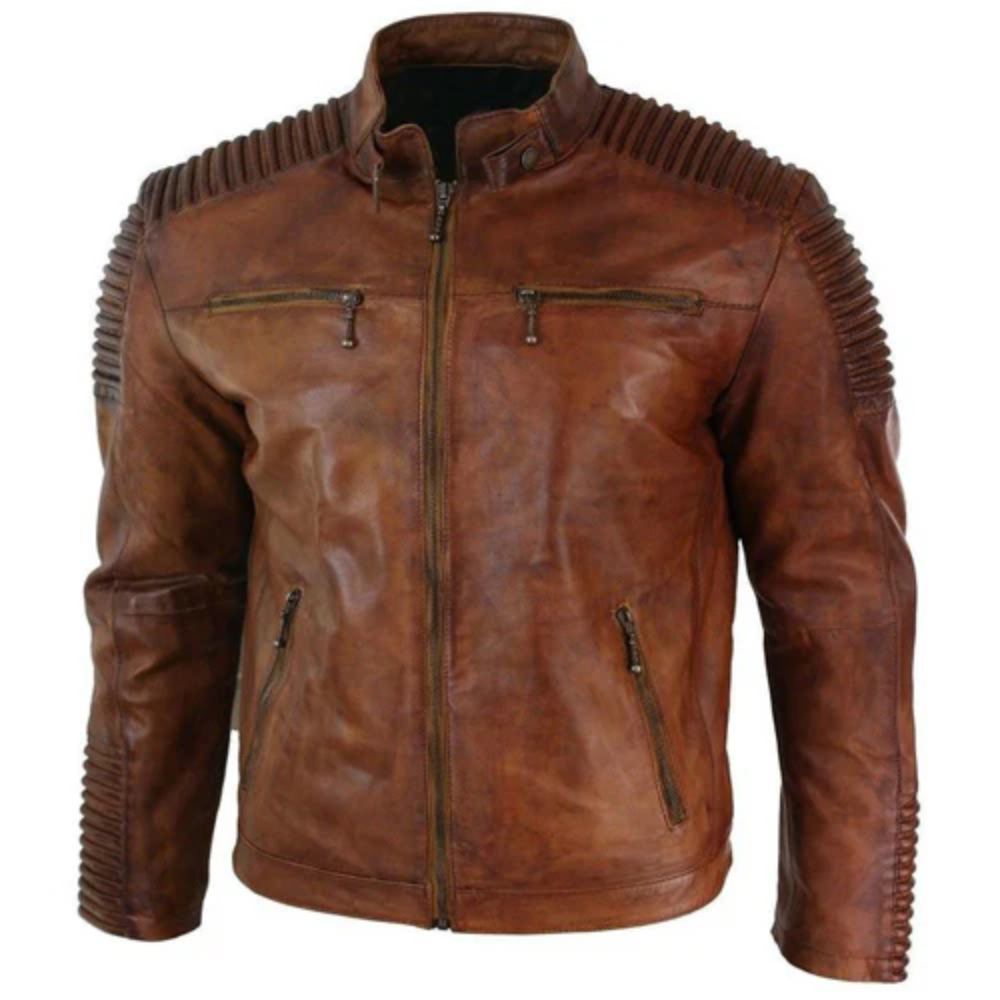 Beckham Cafe Racer Distressed Brown Leather Jacket With Piping